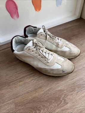 Premium Men's Leather & Suede Sneakers in Off-White with Burgundy Accent